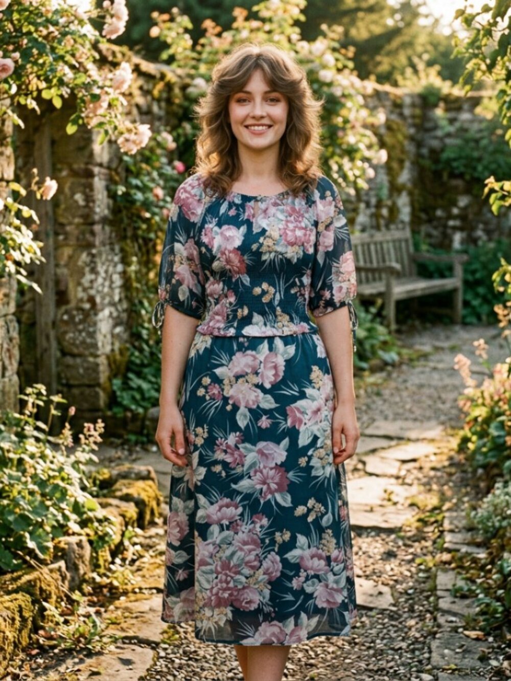 Vtg 70s floral semi sheer pleated dress